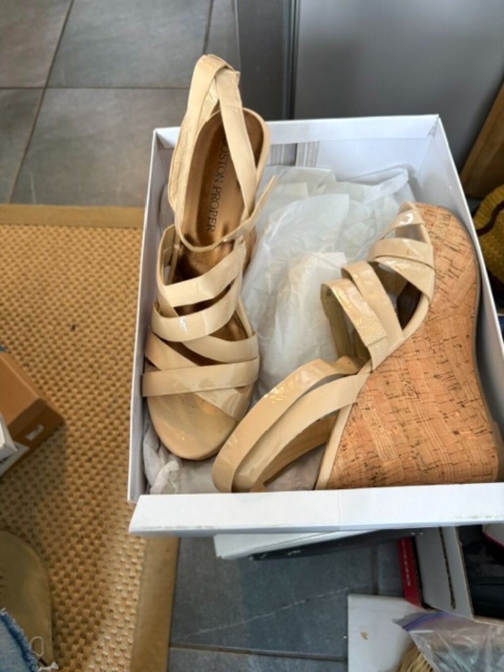 Boston Proper- Beige Patent Wedge Sandals- Size 10